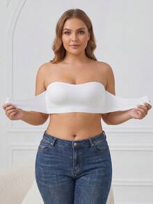 1pc Plus Size Women's Solid Color Front Closure Bandeau Bra, Non-Slip Strapless Seamless Sexy Comfortable Wire-Free Thin Bra, Suitable For Cold-Shoulder, Spaghetti Strap Dress, Evening Gown And Other Outfits - White - View 7