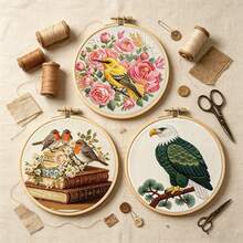 3款森林復古3D花鳥圓形刺繡材料包,適合初學者、減壓手工DIY居家桌面牆面裝飾,含刺繡框與完整工具組 - 多色 - 查看 2