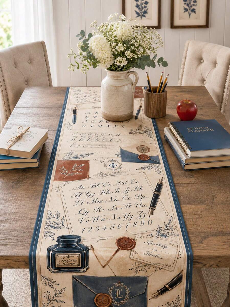 1pc Vintage Back To School Theme Table Runner, Calligraphy Pen Ink Envelope Letter Print, Rustic Farmhouse Style Classroom Dining Table Study Room Decor, Teacher Gift Seasonal Home Decoration - Multicolor - View 1