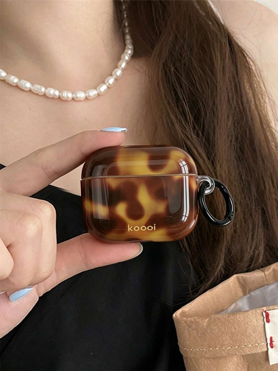 Tortoiseshell Glossy Earphone Protective Case, Compatible With Airpods 1/2/3/4/5 And Compatible With Airpods Pro 1/2/3 Wireless Earbuds, Fashionable Retro Amber Leopard Print Hard Protective Shell, With Keychain - Multicolor - View 1