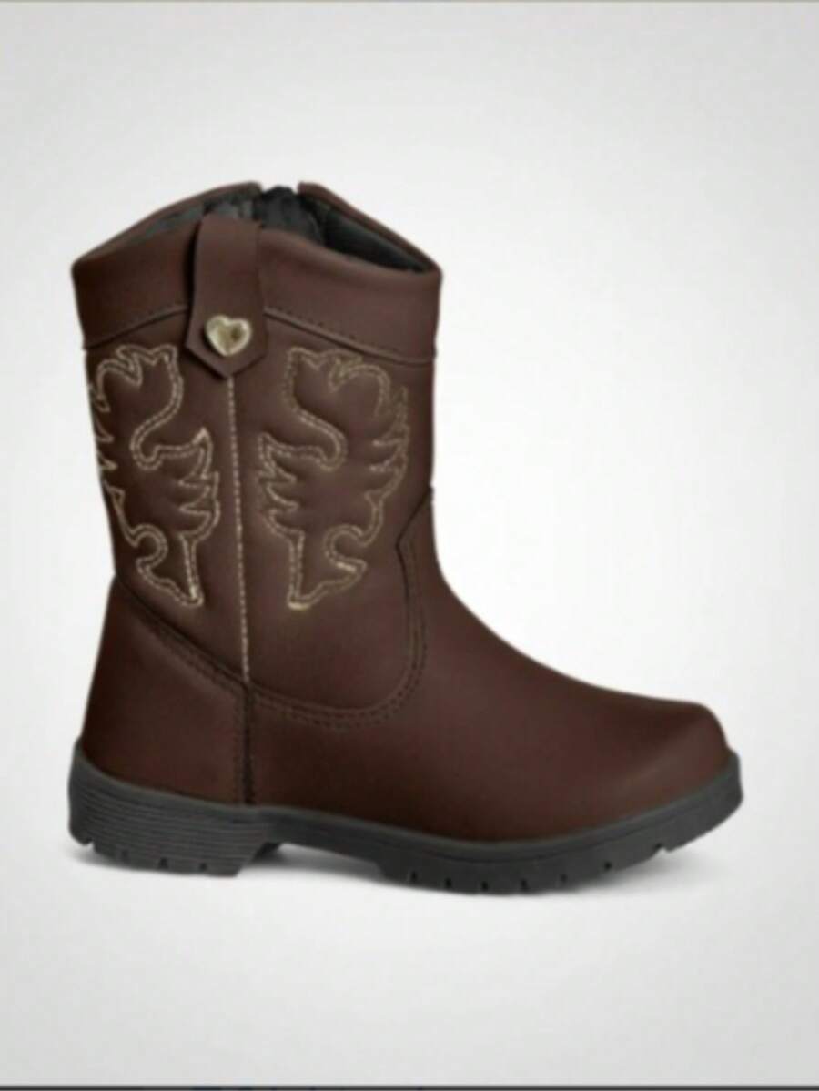Girls' Country Style Cowboy Boots, Long Shaft, With Side Zipper - Café integral - Ver 1