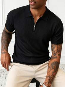 Men's Summer Fashion Classic Ribbed Zipper Polo Collar Short Sleeve Knit Sweater, Essential Summer Wardrobe Knit Top - Black - View 2