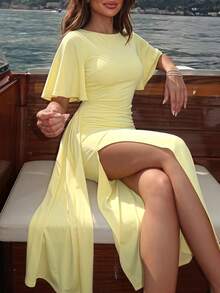 Round Neck Short Sleeve Ruched Waist Slim Fit Long Dress Elegant Formal Party Dress - Yellow - View 1