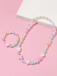 2pcs/Set Children's Sweet Cute Heart-Shaped Beaded Necklace & Bracelet Jewelry Set, Suitable For Holiday Parties, Birthday Gifts, Daily Wear - one-size - View 6