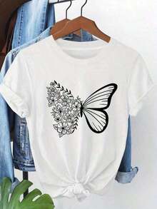 Butterfly Beauty: Natural Art, Fresh Lines, Women's T-Shirt With Floral And Butterfly Print, Round Neck, Spring And Summer Shirt, Short Sleeve, Delivered From Local Warehouse, Soft Cotton, Comfortable, Enjoy Discounts, Suitable For Easter, Halloween, Thanksgiving, Christmas, Etc. - 白色 - 查看 13