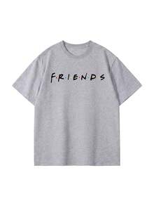 SHEIN X FRIENDS Summer Women Grey Double Sided Door Character Graffiti Letter Print Loose Casual Short Sleeve Tee - Light Grey - View 6