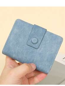 New PU Leather Bifold Short Wallet, Korean Style Solid Color Versatile Minimalist Snap Fold Lightweight Wallet Purse - Blue - View 11