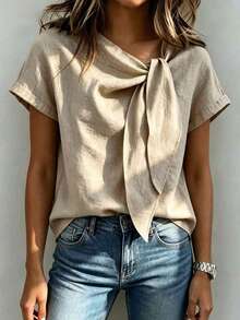 New French Vintage Elegant Women's Short Sleeve Waist-Cinching Top With Ribbon Summer - Khaki - View 5