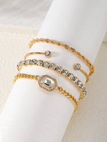 4pcs Luxury Fashion Minimalist Personalized Fresh Metal Multi-Layer Stackable Square Rhinestone Chain Bracelet Set For Women, High-Selling Popular Bracelet Set Suitable For Daily Wear And Office - Yellow Gold - View 2