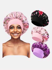 3pcs Women's Satin Printed Wide Brim Sleep Cap Beauty Care Hat Suitable For Daily Use - TJM-301A Black Rose Red/Pink/Purple - View 38