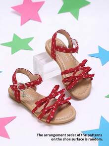 1 Pair Kids Summer Retro Red Polka Dot Flat Sandals, Double Bow With 3-Strap Decor, Rhinestone Pendant Design, Princess Style Girls Sandals, Hook And Loop Closure For Easy On/Off, Suitable For Beach, Outdoor Activities, Daily Wear, Fashionable And Minimalist - Red - View 2