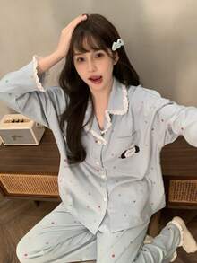 2pcs Women's Pajama Set, Open Front With Pocket, Cute Puppy Print, Fashionable Lapel Long Sleeve & Long Pants, Comfortable For Home Wear - Blue - View 6