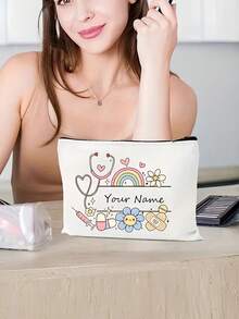 Custom Name Canvas Makeup Pouch, Lovely Doodle Floral Rainbow Pattern Zipper Storage Bag, Lightweight Portable Travel Cosmetic OrganizerVersatile Stationery Pencil BagIdeal Personalized Birthday PresentForYoung WomenGirls Daily Small Item Carry Pouch - Multicolor - View 5
