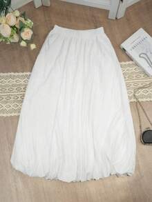 Spring/Summer White Casual Girl Style Textured Bud Mid-Length A-Line Skirt Versatile Daily Wear - White - View 8