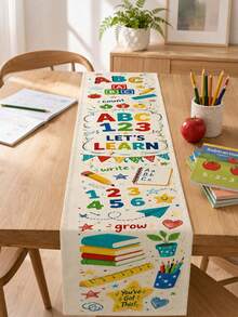 1pc Back To School Table Runner, ABC 123 Let's Learn Letters Numbers Pencil Books Stars Print, Educational Classroom Decor, Suitable For Study Desk And Dining Table, Teacher Gift, First Day Of School Seasonal Tablecloth Decoration - Multicolor - View 15