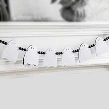 1件裝萬聖節幽靈毛球花環，白色鏤空幽靈設計搭配黑色毛絨球懸掛裝飾繩；極簡氛圍萬聖節壁爐懸掛三角旗飾，「Trick Or Treat」分層托盤懸掛裝飾品；黑白萬聖節牆面、窗戶、樓梯裝飾；適用於室內外使用，可裝飾正門或作為派對拍照背景道具 - 彩色 - 查看 5