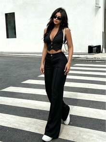 Buckle V-Neck Tank Top & Wide Leg Casual Pants Set, Holiday Outfit, Office Wear, Outing Outfit Summer - Black - View 6