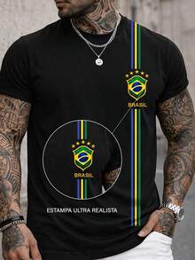 Men's T-Shirt, Brazil 3 Stripe Blouse, Summer Short Sleeve Shirt, Premium Cotton - 黑色 - 查看 1