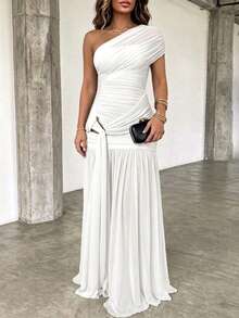 ChicMe Women's Pleated Mesh Long Dress, Gold Button High Slit Fitted Evening Party Gown - White - View 4