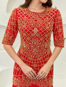 JINLICX Vestido de noche de lujo rojo y dorado con cristales, cuentas y bordado para boda y banquete - Rojo - Ver 7