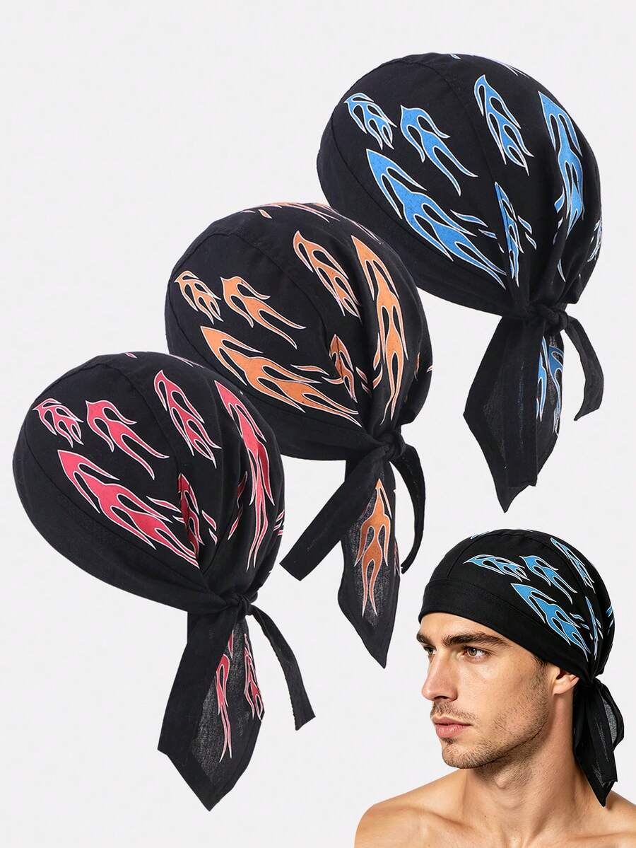 3 piezas Bandana de pirata con estampado de llamas para hombres, gorro de ciclismo adecuado para uso diario - Rojo llama / Naranja llama / Azul llama - Ver 1
