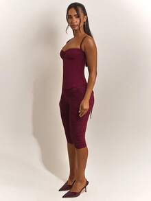 Women Floral Lace Capri Leggings, High Waist Sheer Pattern Cropped 3/4 Length Pants For Loungewear Daily Casual Outfit - Burgundy - View 3