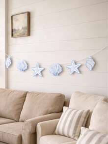 1pc Ocean Theme Party Decoration Banner Garland, Summer Beach Style Blue & White Shell Wall Banner, Nordic Style Ocean Theme Wall Decor, Seaside Vacation Home Decor Marine Life Ornament - Ocean Theme - View 6