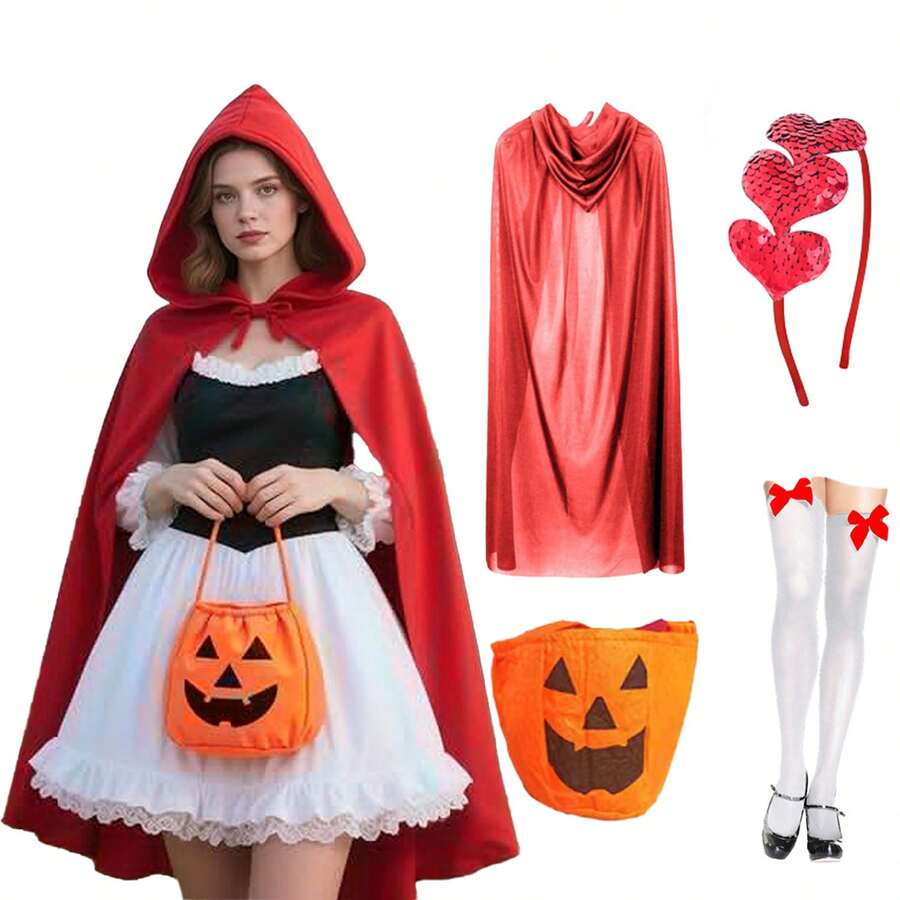 Little Red Riding Hood Costume Dress, Halloween Outfit, Fairy Tale Story Character Cosplay Z8OA - Multicolor - View 1