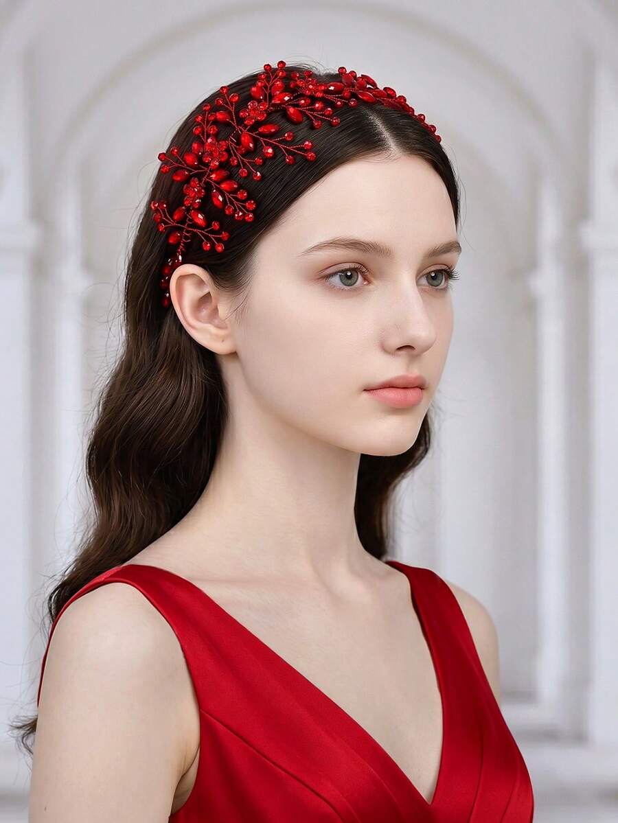 1pc Elegant Red Rhinestone Headband Women's Accessory For Wedding, Celebration, Party, Holiday Gift