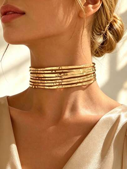 1pc Multi-Layer Hammered Texture Geometric Line Open Choker, Luxury High-End Style, Party Evening Accessory