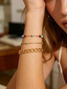 VceTd 4PCS/1PC Vintage Style Colorful Beaded Adjustable Stainless Steel Women's Bracelet Set, Suitable For Daily Wear, Layering Or Summer Gift For Friends - Yellow Gold - View 4