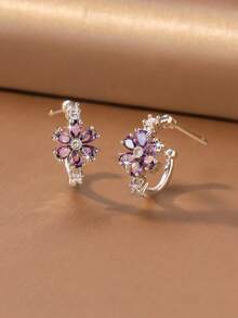 1 Pair Gentle Vintage Style Gold & Silver Dual-Tone Rhinestone Gradient Purple Crystal Flower C-Shaped Stud Earrings, Suitable For Women's Daily, Date And Commute Wear - Type C - View 4