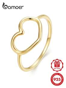 BAMOER Hypoallergenic 925 Sterling Silver Minimalist Hollow Heart Thin Stackable Band Ring Wedding & Banquet For Women - Gold - View 2