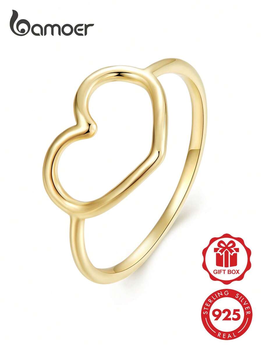 BAMOER Hypoallergenic 925 Sterling Silver Minimalist Hollow Heart Thin Stackable Band Ring Wedding & Banquet For Women
