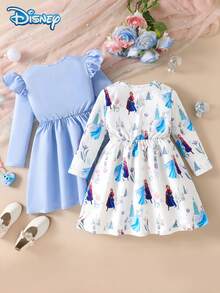 2Pcs [Official Disney Licensed]Disney Frozen Autumn/Winter Girls Dress Set, Featuring Elsa And Anna Cartoon Patterns, Slightly Elastic, Suitable For Girls' Daily Wear, Great Gift - Blue and White - View 2