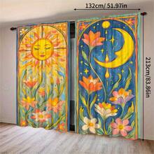 2pcs Bohemian Vintage Tarot Sun Moon Floral Print Semi-Sheer Curtains, 90GSM Polyester Semi-Sheer Privacy Protection, Easy Installation, Quick Dry, Washable And Fade-Resistant, Lightweight Removable Curtains, Suitable For Home, Room, Kitchen And Other Partitions Or Decoration - Multicolor - View 8