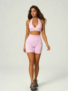 UONNOU Women's Sports Halter Backless Bra + High Waist Butt Lifting Shaping Shorts 2pcs Set, Seamless Yoga Outfit - Pink - View 7