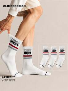CLIMPRESSION Men's Pure Cotton Mid-Calf Socks, Classic Letter NEST Print, Red & Grey Striped Cuff, Breathable Preppy Casual Socks - White - View 1