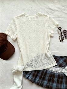 Summer New Round Neck Lace Hollow Short Sleeve T-Shirt, Sheer Delicate Style, Fitted Silhouette, Layering Top, Evening Date Vacation Casual - Cream - View 2
