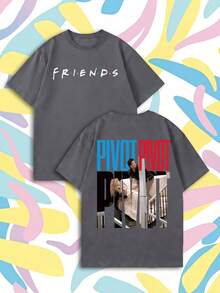 Kaos Wanita Lengan Pendek Longgar Dua Sisi Motif Acara TV Warna Abu-abu Gelap, Kasual - Grey - View 7