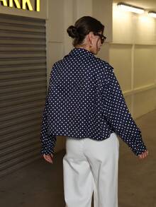 女士高领波点印花针织休闲长袖上衣，适合春秋季穿着 - 寶藍色 - 查看 6