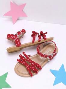 1 Pair Kids Summer Retro Red Polka Dot Flat Sandals, Double Bow With 3-Strap Decor, Rhinestone Pendant Design, Princess Style Girls Sandals, Hook And Loop Closure For Easy On/Off, Suitable For Beach, Outdoor Activities, Daily Wear, Fashionable And Minimalist - Red - View 5