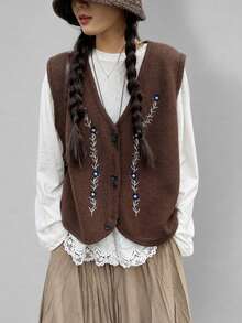 Alicedudu Women's Autumn Vintage Embroidered V-Neck Cardigan Sweater Vest Brown Fall - Brown - View 2