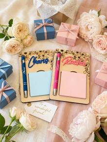 Personalized Custom Wooden Memo Holder With Pen, Desktop Organizer For School/Office/Home, Laser-Engraved Floral Name Sign, Stylish Student Stationery (Gift For Teacher/Student, Perfect For Classroom/Promotion) - Multicolor - View 4