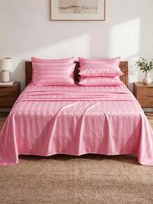 2/3Pcs Satin Striped Bed Sheet Set, Soft & Breathable, Wrinkle-Resistant, (1 Flat Sheet + 1/2 Pillowcases, No Filling) Suitable For All Seasons, Soft & Comfortable, Ideal For Dorm Students, Home Bedroom, Guest Room, Multi-Color Soft & Durable, Extra Large Bedding, Suitable For Travel And Dorm - Pink - View 9
