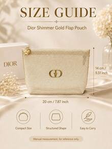 Bolsa de maquillaje tejida metálica dorada Dior 14*20cm, tela perlada, cremallera con estrella & luna, almacenamiento de maquillaje, textura de lujo, adecuada para uso personal y regalos - Dorado - Ver 4