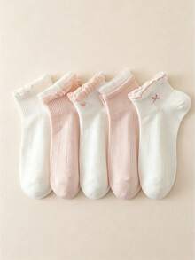 5 Pairs Sweet Pink Ruffle Trim Women's Short Socks, Cute Bowknot Casual Socks, Comfortable And Soft, Suitable For Spring And Daily Wear - Multicolor - View 7
