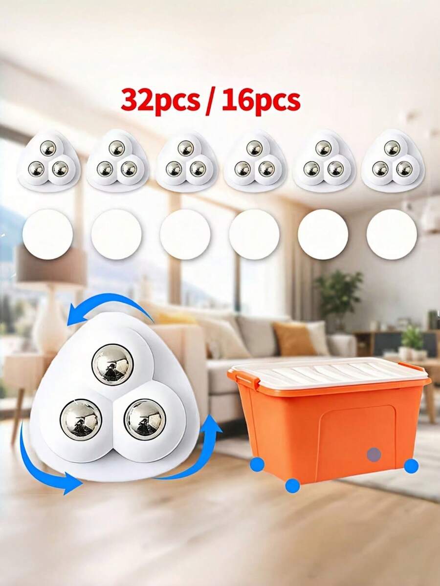 32pcs/16pcs Self-Adhesive Smooth White Steel Ball Bearing Swivel Casters, Quiet And Durable--360 Degree Rotation, Easy Installation, Sturdy Structure For Storage Boxes, Trash Cans, Small Furniture And Kitchen Appliances, With Adhesive Backing, Mini Universal Rollers