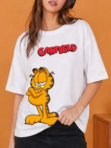 SHEIN | Garfield 女款卡通印花圓領T恤，休閒寬鬆街頭風短袖上衣，適合夏季日常與度假穿著 - 白色 - 查看 2