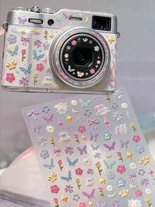 1pc Macaron Embroidery Style Decorative Sticker, Waterproof Self-Adhesive No Residue, Digital Shell Portable Item Gentle Style Personalized Modification Decor Sticker, Butterfly Flower Star Moon Bow Combination, Camera Earphone Case Water Cup Luggage Beautification Decorative Sticker - Butterfly Garden - View 1
